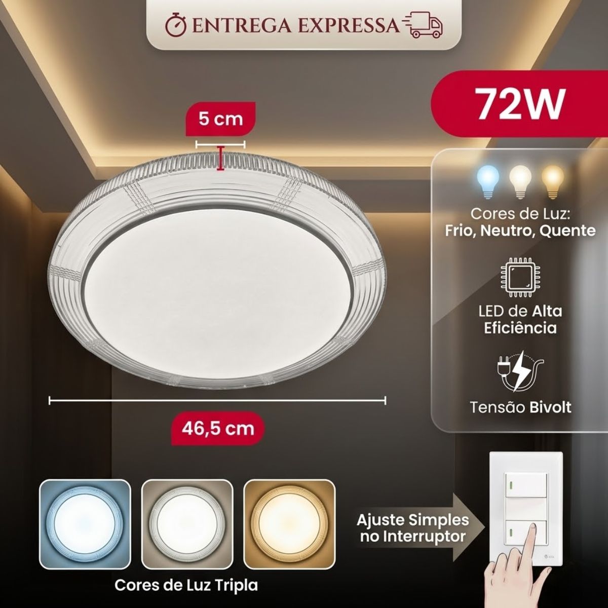 Plafon LED Sobrepor Redondo 3 Cores 72W Bivolt