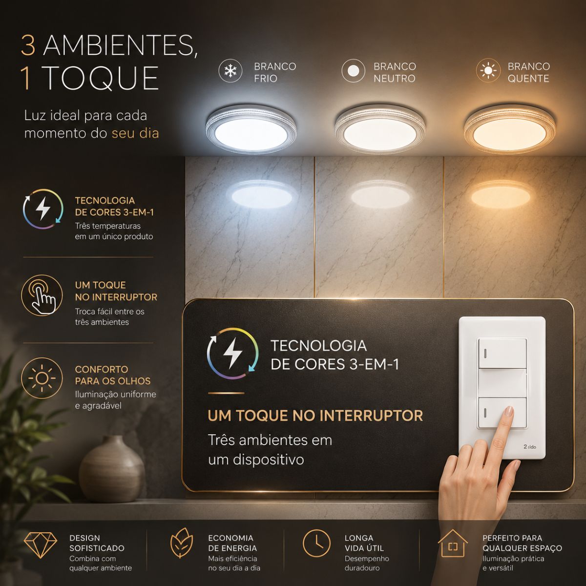 Plafon LED Sobrepor Redondo 3 Cores 72W Bivolt